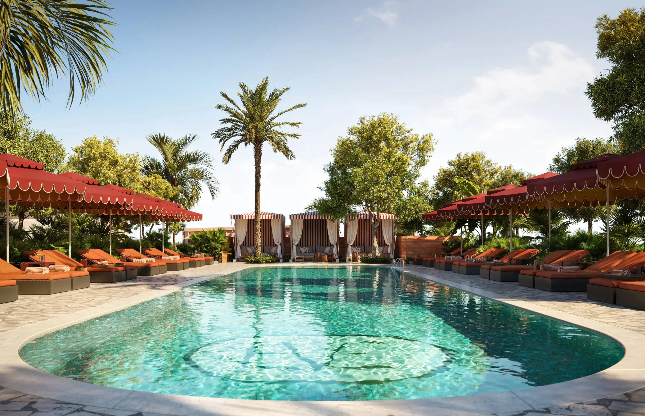 The Eve Hotel rooftop pool with striped red cabanas and palms.
